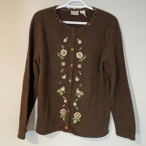 Erika Womens Brown Floral Embroidered Scalloped Neck Cardigan Sweater Small